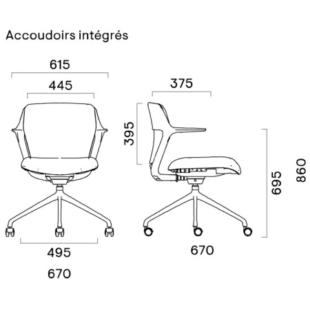 Chaise OFY visiteur à roulettes avec accoudoirs intégrés – vue technique