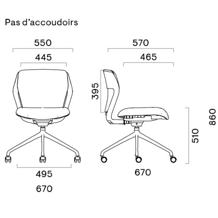 Chaise OFY visiteur à roulettes sans accoudoirs – dimensions techniques