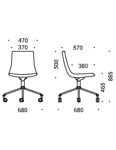 Dimensions chaise North Cape sur roulettes – modèle sans accoudoirs avec assise tissu.