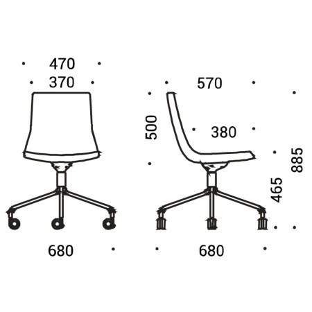 Dimensions chaise North Cape sur roulettes – modèle sans accoudoirs avec assise tissu.