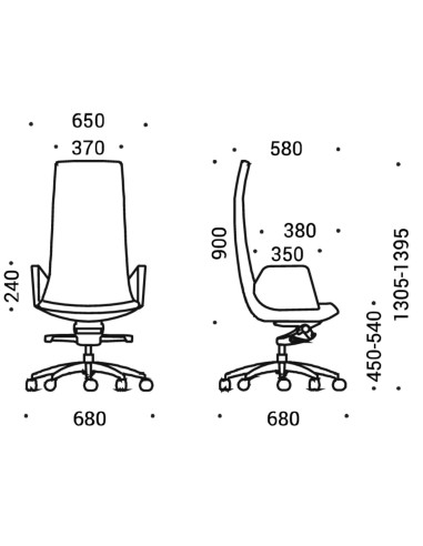 Dimensions chaise de direction North Cape – dossier haut, accoudoirs tissu et base pivotante sur roulettes