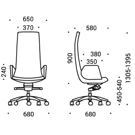 Dimensions chaise de direction North Cape – dossier haut, accoudoirs tissu et base pivotante sur roulettes