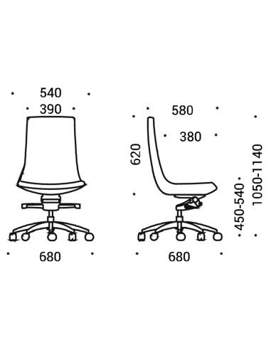 Dimensions chaise de bureau sans accoudoirs tissu avec roulettes - North Cape