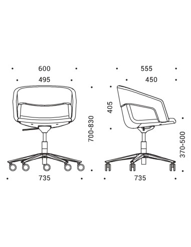 Dimensions techniques de la chaise TWIST&SIT pivotante à roulettes