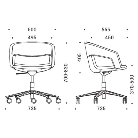Dimensions techniques de la chaise TWIST&SIT pivotante à roulettes