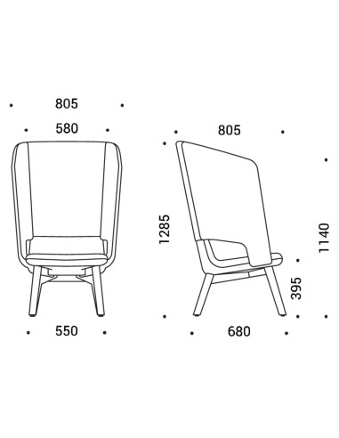 Dimensions fauteuil lounge dossier haut tissu pieds bois frêne – TWIST&SIT Soft