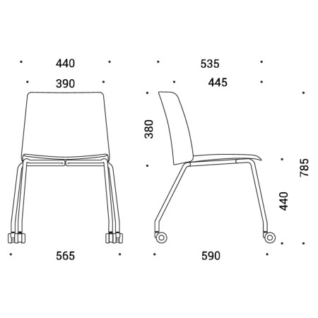 Dimensions chaise de réunion mobile en plastique avec roulettes - Polytone L