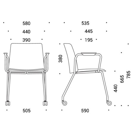 Dimensions chaise de réunion mobile en plastique avec roulettes et accoudoirs - Polytone L