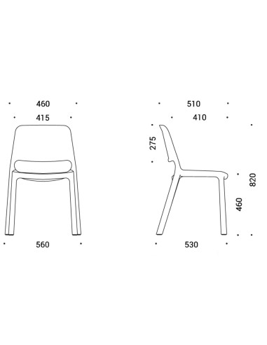 Dimensions techniques de la chaise Polytone O – modèle sans accoudoirs
