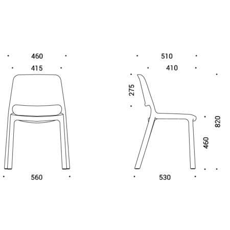 Dimensions techniques de la chaise Polytone O – modèle sans accoudoirs