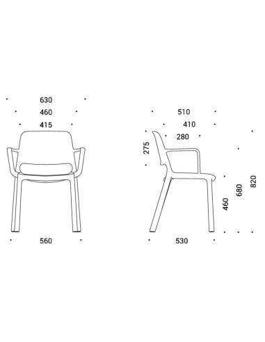 Dimensions techniques chaise Polytone O avec accoudoirs