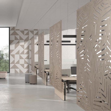 Cloison acoustique suspendue ajourée en feutre PET motif Artwork