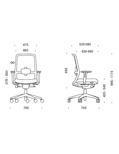 Dimensions chaise de bureau SURF avec accoudoirs