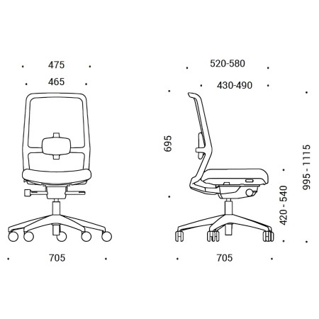 Dimensions chaise de bureau SURF sans accoudoir