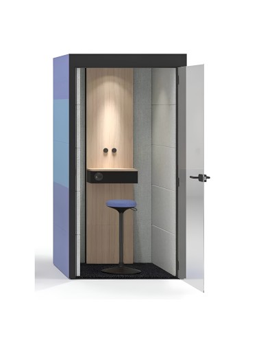 Chaise haute en tissu bleu dans cabine acoustique 1 place