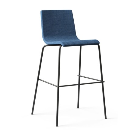 Tabouret haut Moon bleu avec assise rembourrée et repose-pieds en métal noir
