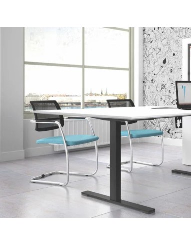 Sièges visiteurs bleus devant bureau blanc