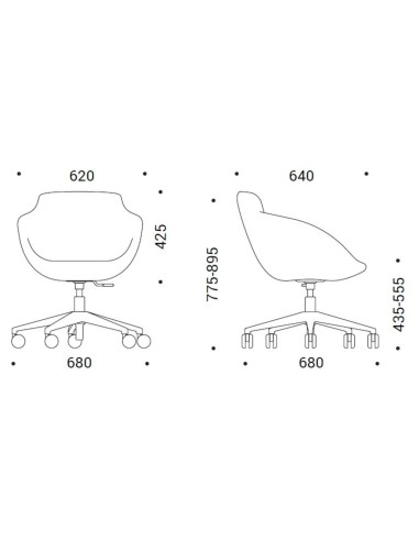 Dimensions du modèle Tula avec roulettes et piètement 5 branches – Tula