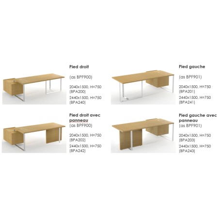 Bureaux PLANA avec pieds métal blancs, versions avec ou sans panneau latéral