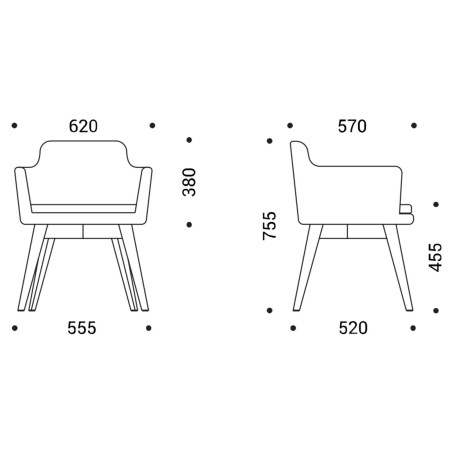 	Dimensions du fauteuil Danae avec accoudoirs et pieds en bois – Danae