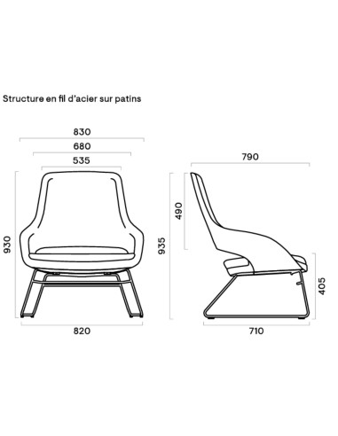 Dimensions fauteuil SANDIE avec structure luge – vues face et profil