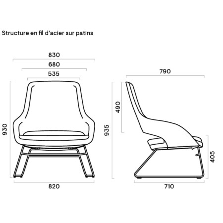 Dimensions fauteuil SANDIE avec structure luge – vues face et profil