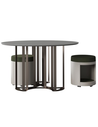 	Table ronde design avec poufs en bois et métal