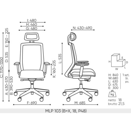 Dimensions de la chaise de bureau Milla Plus