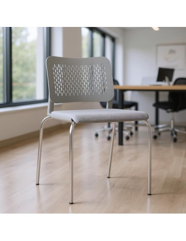 Chaise visiteur WAIT en plastique gris et assise rembourrée avec piètement 4 pieds