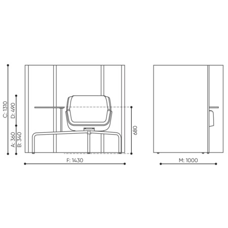 Dimensions du fauteuil Booi Workstation avec vues de face et de profil – Booi Workstation