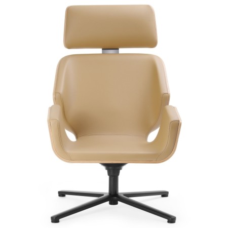 Fauteuil Booi Lounge en finition bois clair avec repose-pieds assorti, vue de face – Booi Lounge