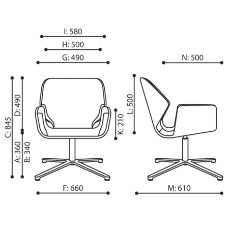 Dimensions du fauteuil Booi Lounge avec vues de face et de profil – Booi Lounge