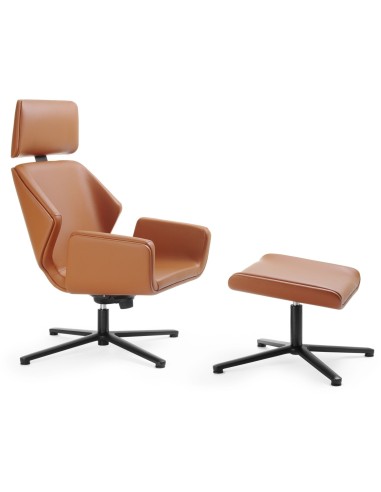 Fauteuil Booi Lounge en cuir camel avec repose-pieds assorti, vue d’ensemble – Booi