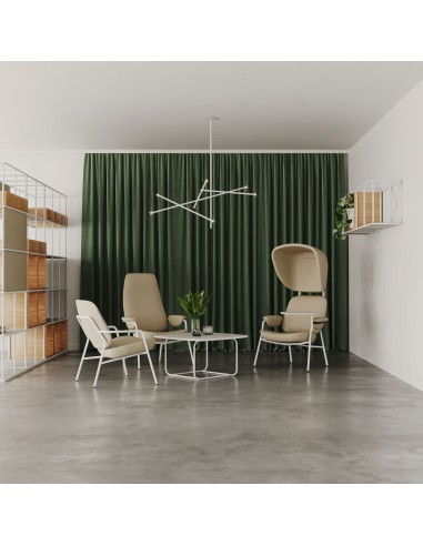 Deux fauteuils Epocc Lounge en tissu beige côte à côte, vue latérale – Epocc Lounge