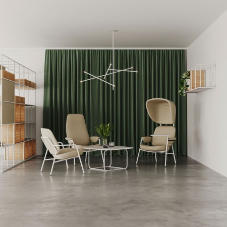 Deux fauteuils Epocc Lounge en tissu beige côte à côte, vue latérale – Epocc Lounge