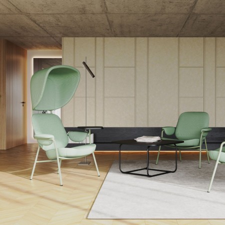 Fauteuil Epocc Lounge en tissu beige, vue de trois quarts avant – Epocc Lounge 2