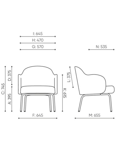 Dimensions du fauteuil Flos Lounge avec vues de face et de profil – Flos Lounge