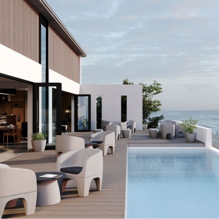 Fauteuils Gummy Bear en plastique recyclé bleu clair et rose clair dans un espace design – Gummy Bear