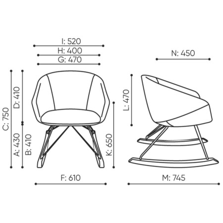 Dimensions du fauteuil Ox:co avec vues face et profil – Ox:co