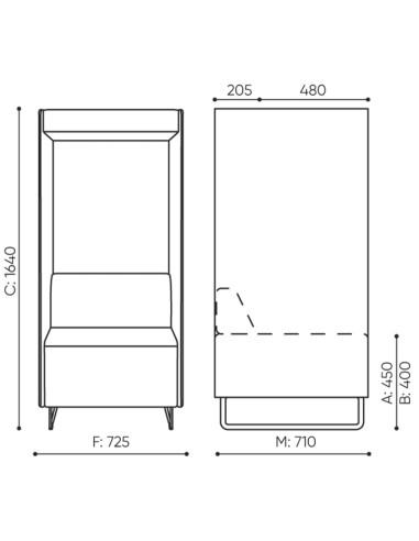 Dimensions du fauteuil Quadra avec isolement phonique, vues face et profil – Quadra
