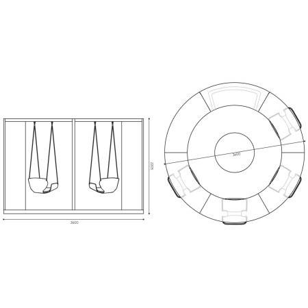 Dimensions du Social Swing circulaire avec vues face et profil – Social Swing