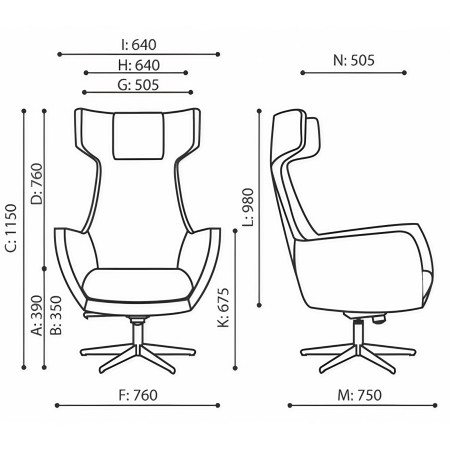Dimensions du fauteuil Umm avec vues face et profil – Umm