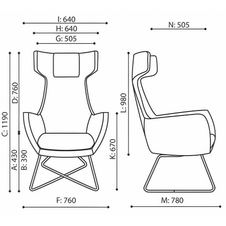 Dimensions du fauteuil Umm avec vues face et profil – Umm