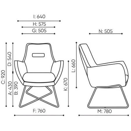 Dimensions du fauteuil Umm avec vues face et profil – Umm