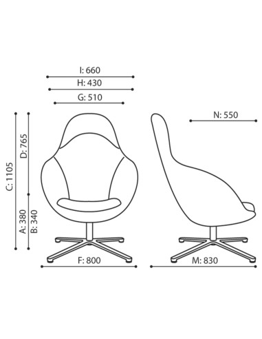 Dimensions du fauteuil Vieni, vues face et profil – Vieni