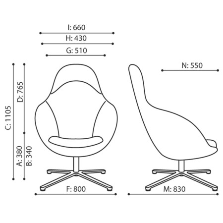 Dimensions du fauteuil Vieni, vues face et profil – Vieni