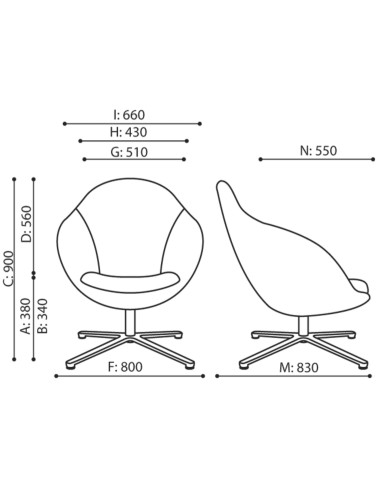 Plan technique du fauteuil Vieni, vues face et profil – Vieni