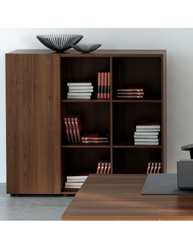 Armoire de rangement en bois foncé et livres rangés à l'intérieur