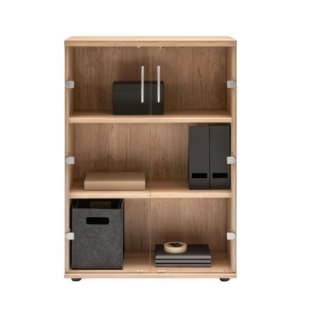 Armoire de rangement vitrée avec éléments de rangement noirs