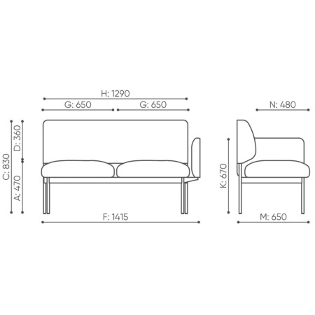 Dimensions de la banquette Fora Care compacte, vues face et profil – Fora Care